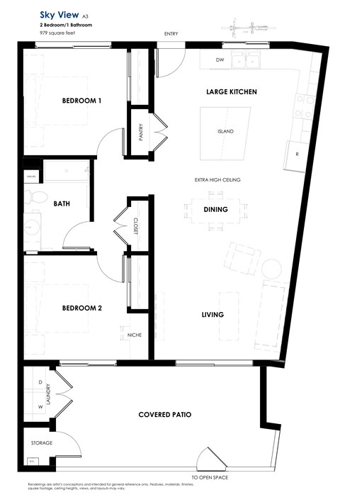 Floor plan for 2 beds, 1 bath, 979 sqft